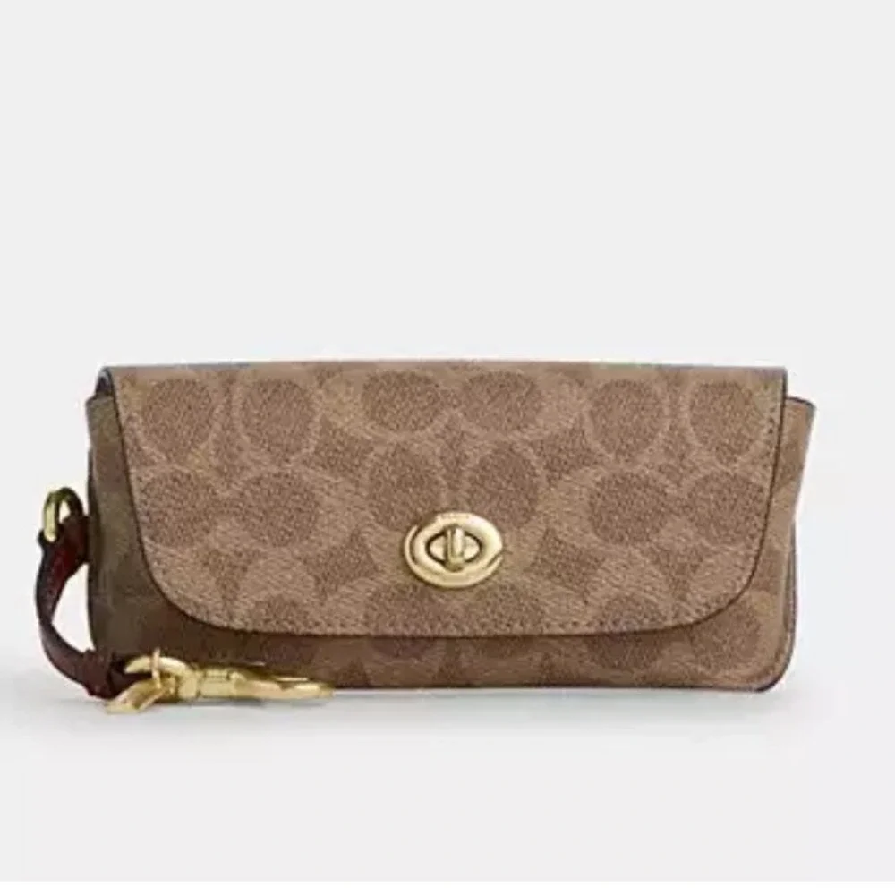 Coach Signature Canvas Brown/Tan Print Wristlet and Sunglass‎ Case